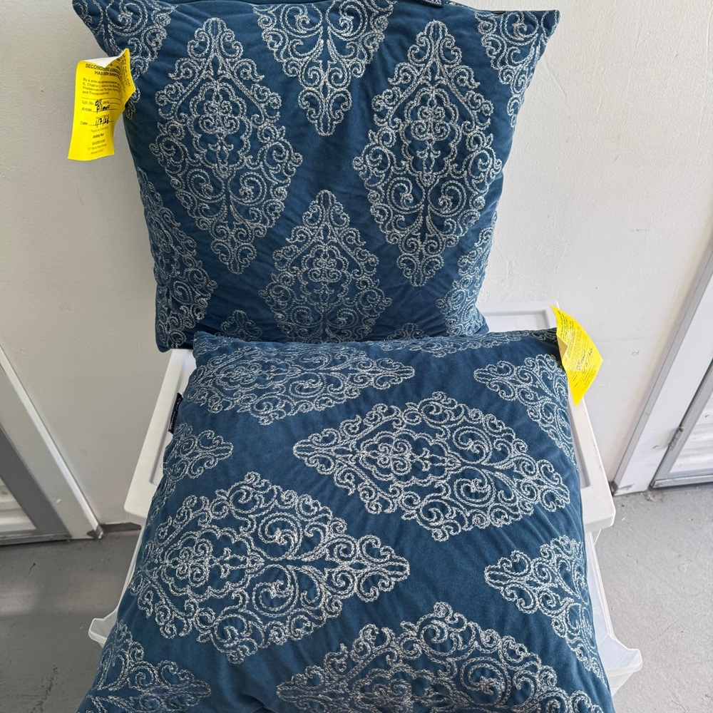 2pc Blue Velvet Embroidered Throw Pillows Down fill 425 South LA 18" square